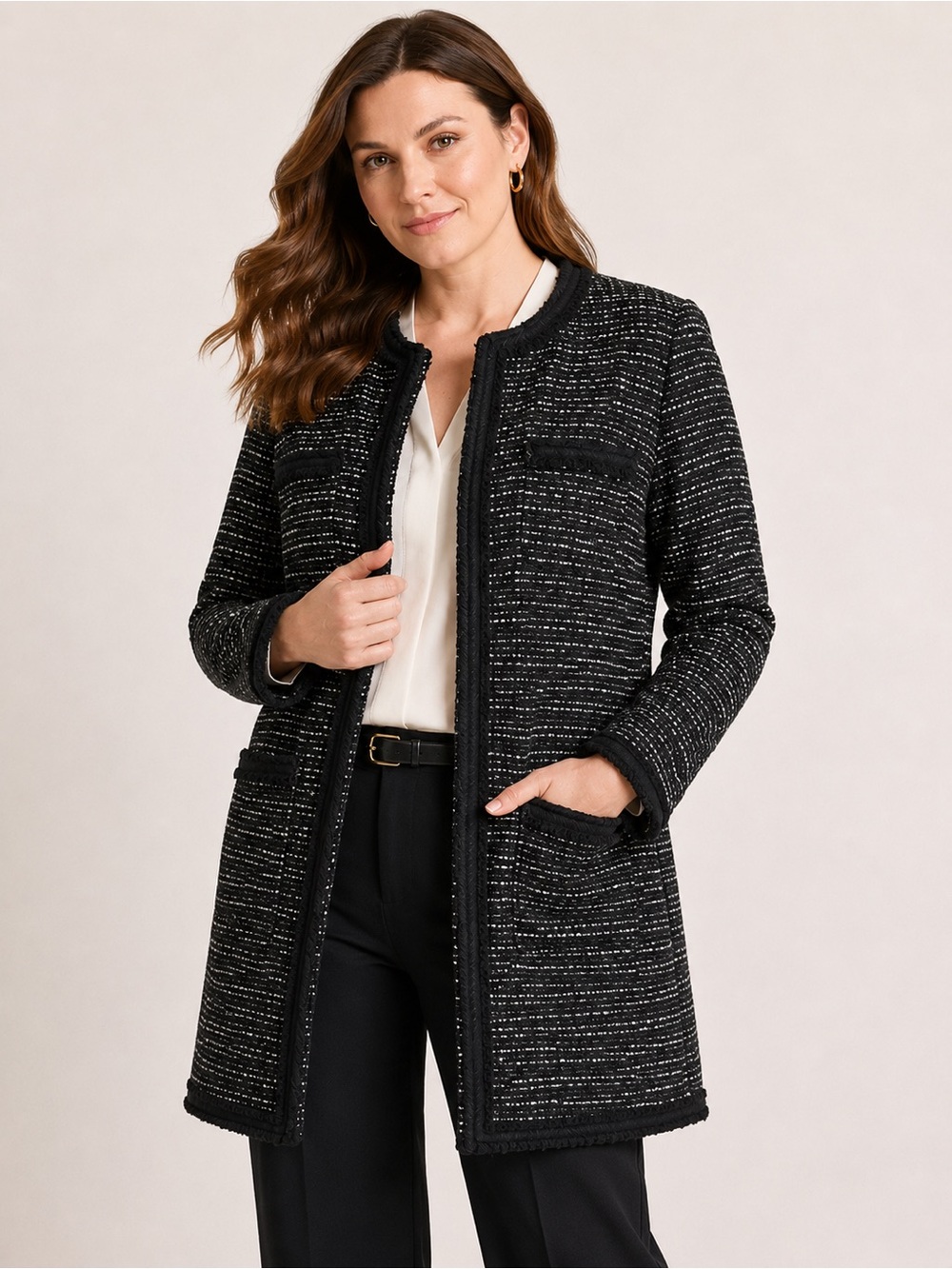 J.Crew Black and White Tweed Jacket with Gold Chain Trim